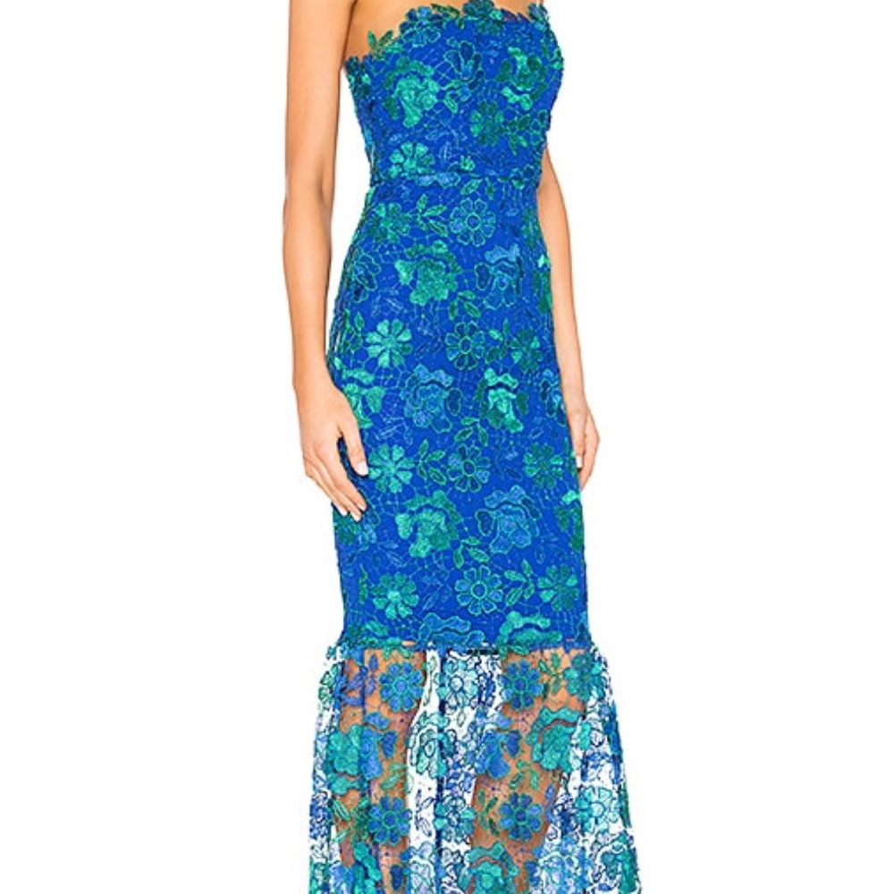 NWT Lovers + Friends Teagan Gown Lace Floral Blue Green Strapless Mermaid Sz LG